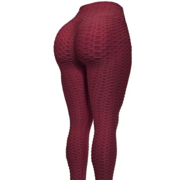 High-Waisted Honeycomb Textured Scrunch Butt Yoga Leggings With Pockets - Burgun - Picture 4 of 9